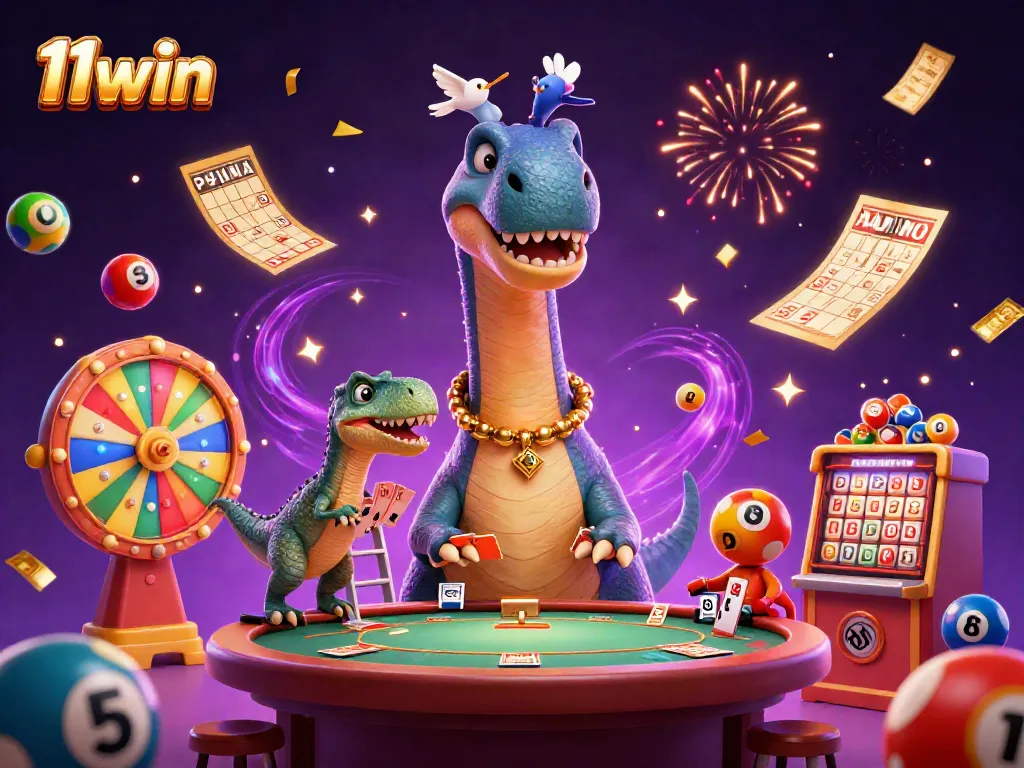 Experience 11win with a whimsical 3D scene showcasing vibrant lottery elements and characters.