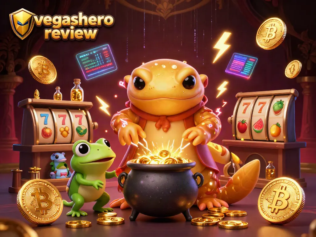 Experience the vibrant vegashero review in this dynamic casino-themed 3D illustration featuring golden alchemists and cryptocurrency elements.
