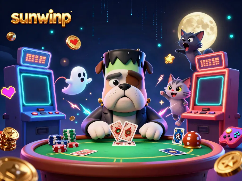 Experience thrilling card games with sunwinp's unique creatures at a vibrant casino table.