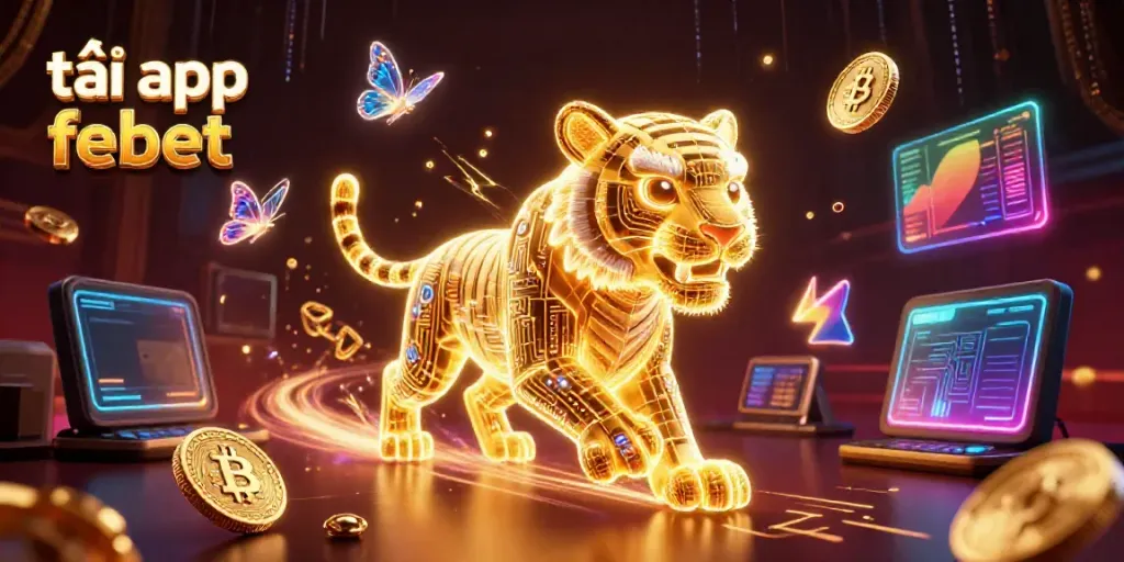 Engage with the exciting world of online gambling by downloading tải app febet, featuring vibrant casino elements and a golden tiger.