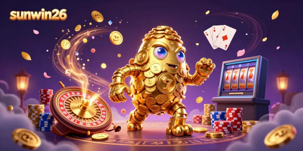 Experience the excitement of sunwin26 with a dynamic 3D casino scene featuring a golden golem and casino elements.