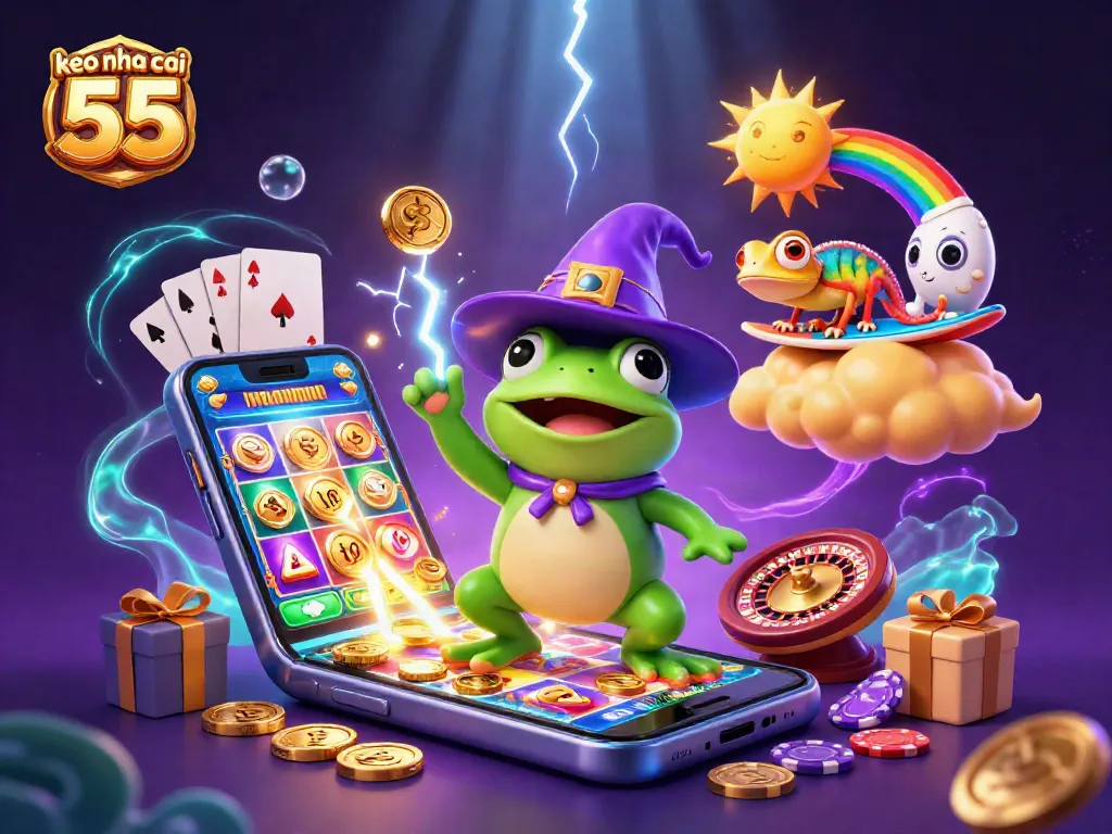 Experience the thrill of keo nha cai 55 as magical characters celebrate with golden coins and vibrant gaming elements.