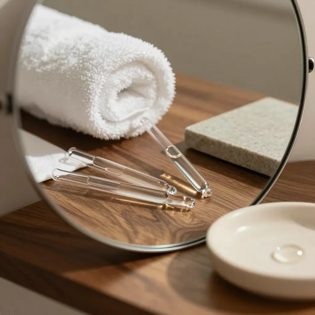 Ronde spiegel, handdoekrol en glazen pipetten op een warme plank in een luxe kliniek