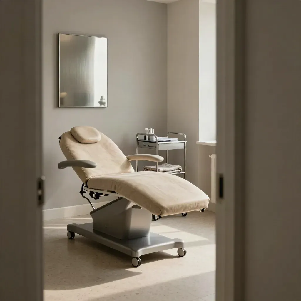 Stille consultatieruimte met behandelstoel, spiegel, trolley en linnen plaid