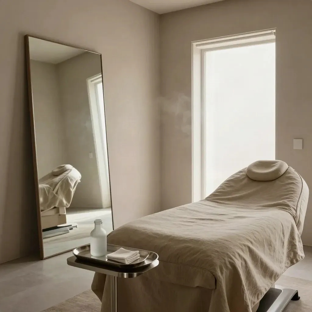 Serene behandelkamer met spiegel, linnen en halfopen deur naar wit daglicht.