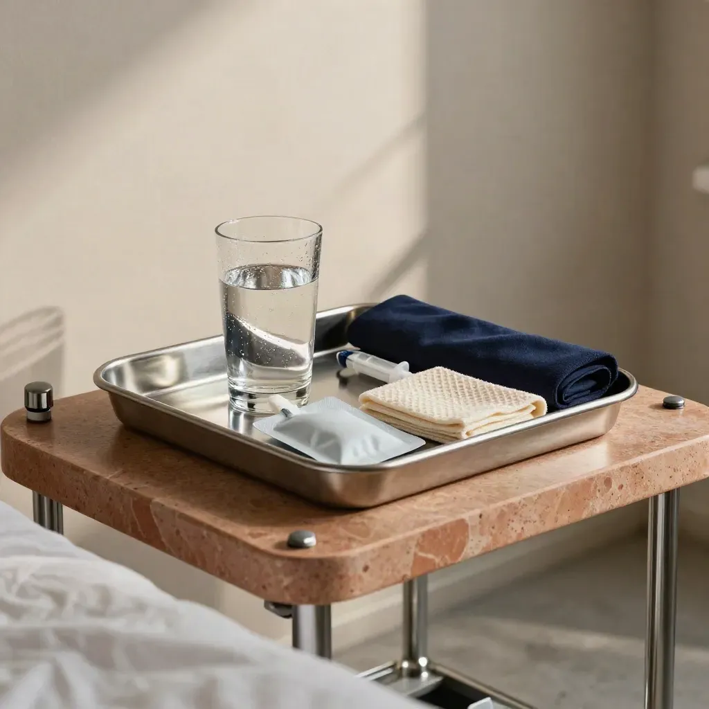 Behandelkar met water, cold packs en steriele tray in rustig klinieklight