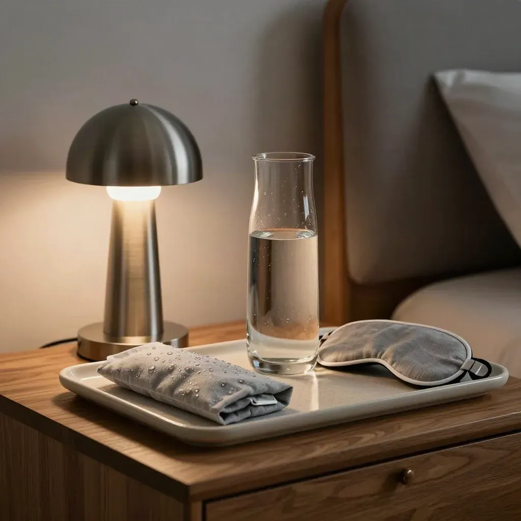 Bedside scene met lamp, koelkompres, waterkaraf en gevouwen oogmasker in warm grijs.