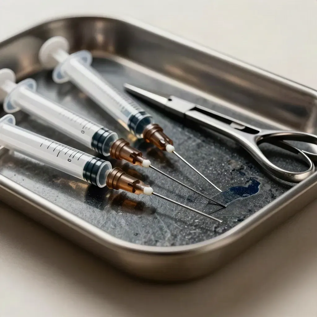 Extreem macro van spuiten, ampulbreker, steriele tray en forceps op donkere basaltsteen.