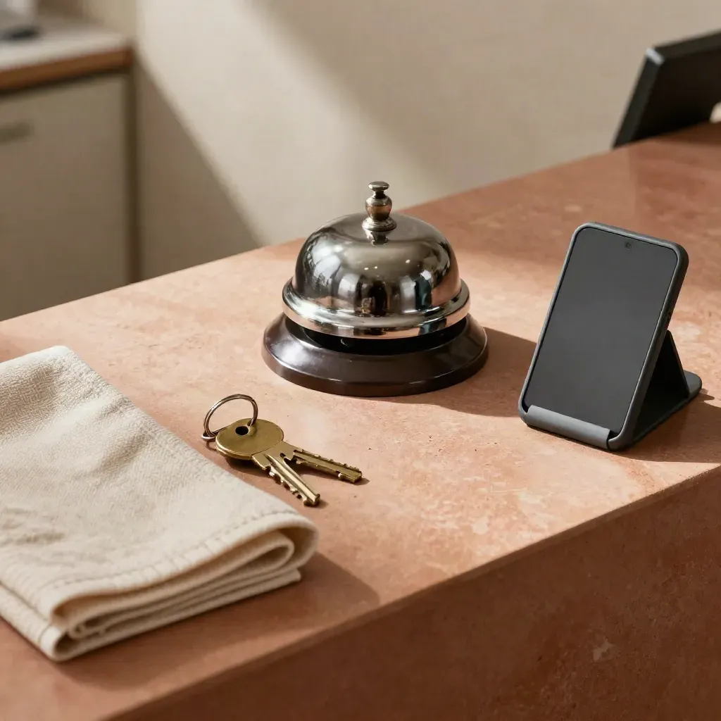 Bovenaanzicht van receptiebel, sleutels, linnenset en telefoonhouder op terracotta werkblad.