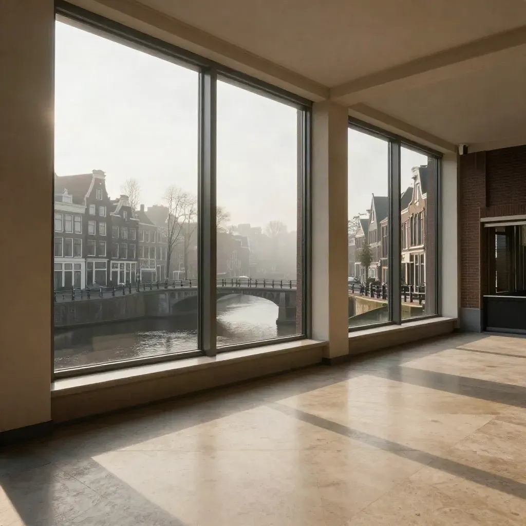 Zacht ochtendbeeld van de Zuid-as en een grachtlijn hoog in beeld, met mist en brug.