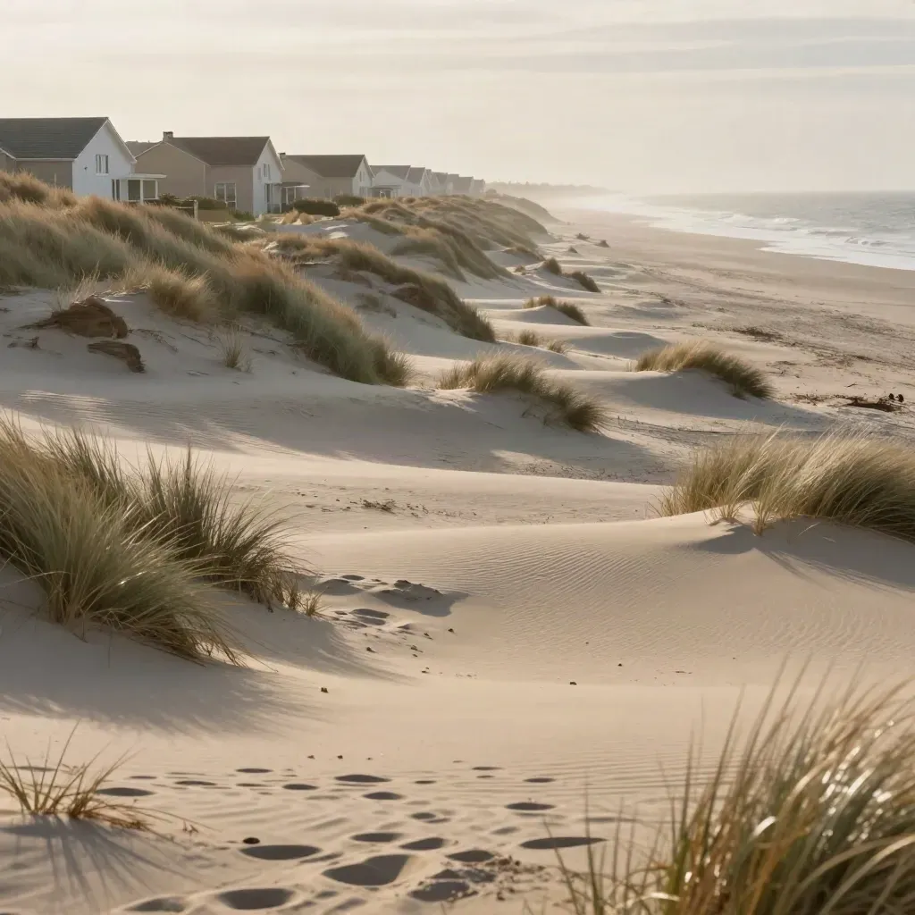 Duinrand bij Bloemendaal met villa-daken, zeehaze en warm namiddaglicht boven rustige zandduinen.