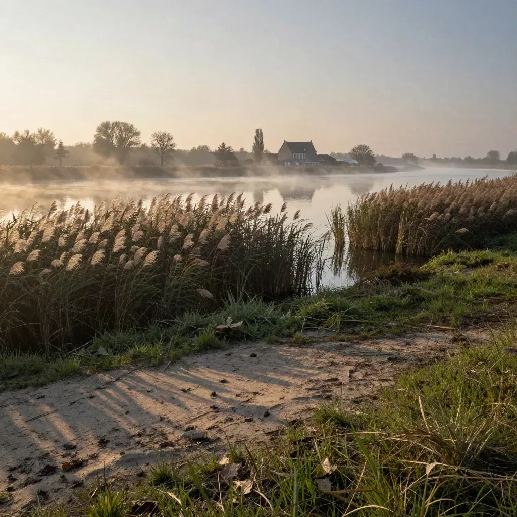 Mistige Vecht-oever met villa, riet en spiegelend water in warm ochtendlicht.