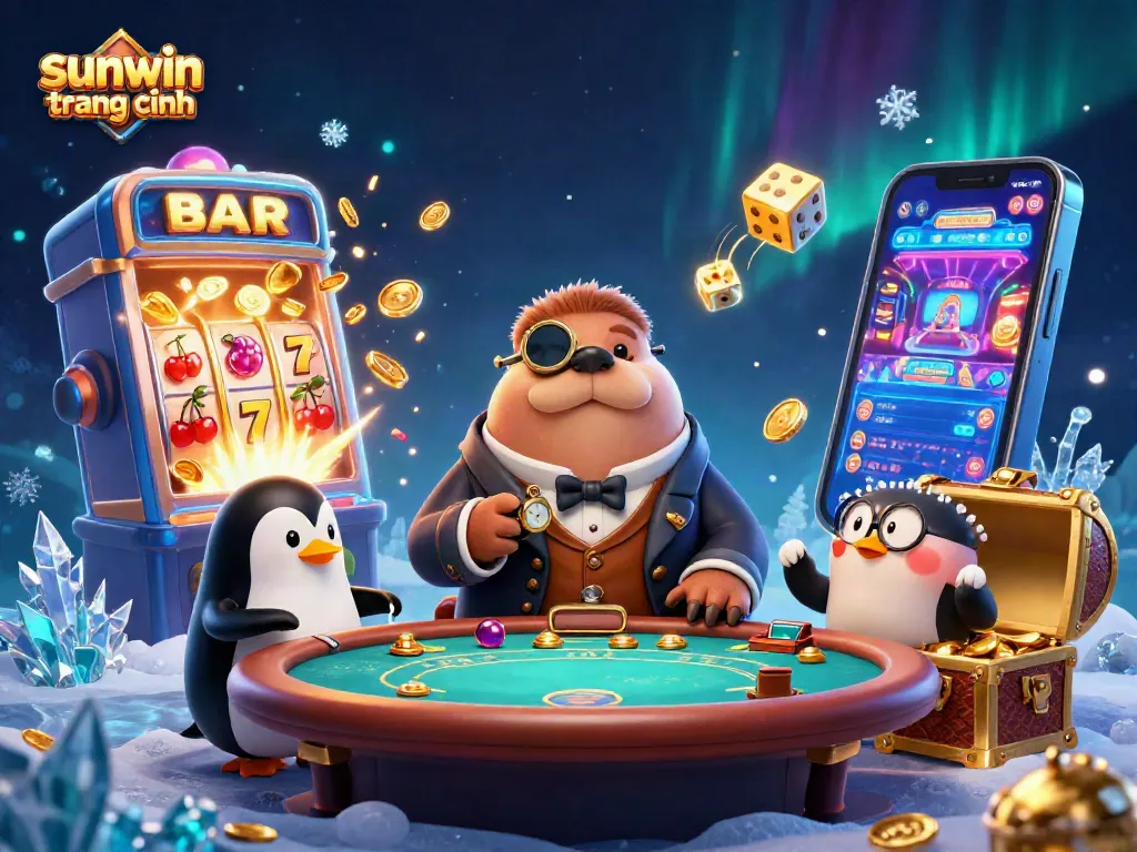 Engage with sunwin trang chính at a vibrant underwater poker scene featuring a walrus, penguin dealer, and a bluffing pufferfish.