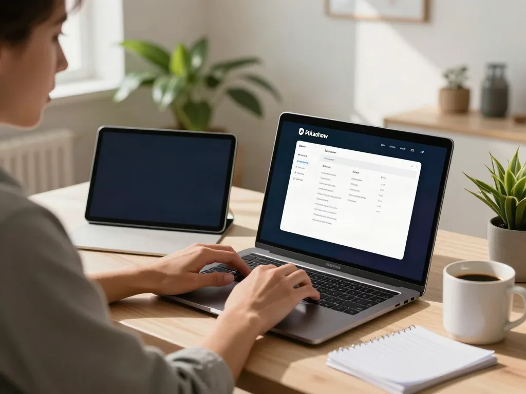Engaging workspace for using Pikashow for PC, featuring dual monitors and relaxed ambiance.
