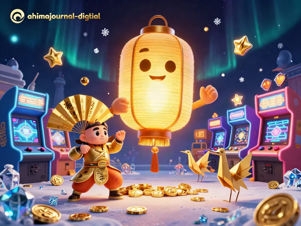 ahimajournal-digital presents a vibrant casino scene with a golden lantern spirit and playful game elements.