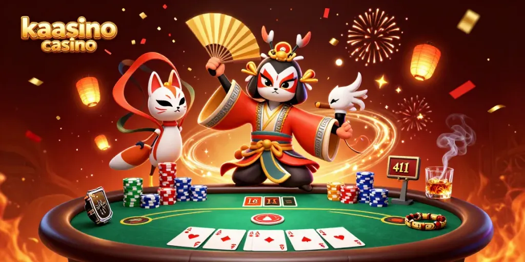 Kaasino casino's energetic scene with a kabuki warrior, poker elements, and vibrant celebrations.