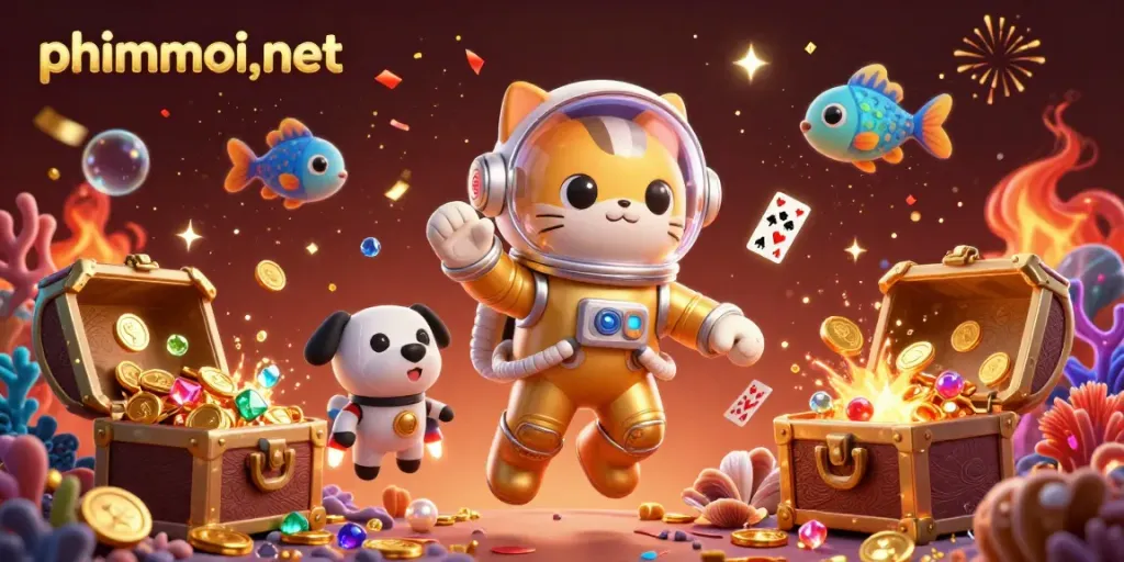 Experience the thrilling adventure of phimmoi,net with a galactic gaming scene featuring coins, cards, and lively characters.