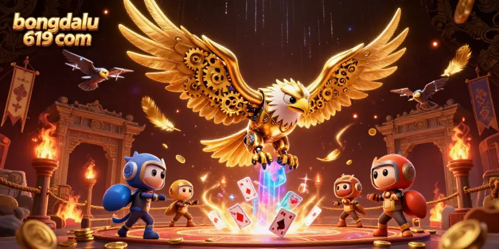 Catch the excitement at bongdalu 619 com featuring a golden eagle amidst dramatic gambling elements.