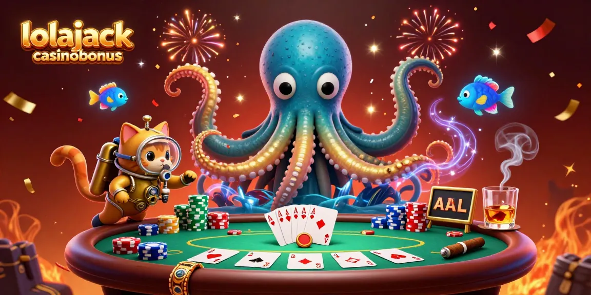 Engage with the vibrant lolajack casinobonus through a rich underwater poker scene featuring a kraken and diving cat.