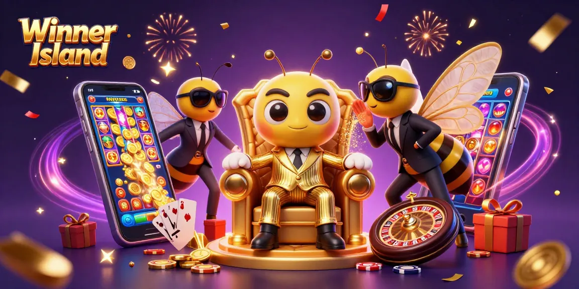 Experience the excitement of Winner Island casino with a vibrant 3D scene featuring characters, slot games, and magical elements.