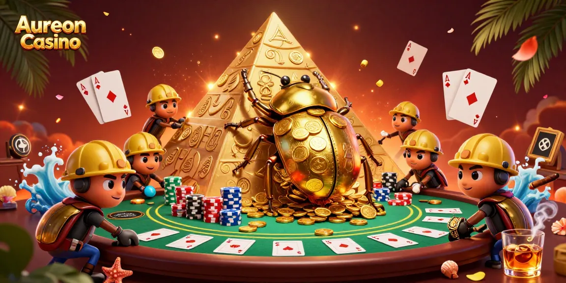 Aureon Casino showcases a vibrant illustration of a golden beetle theme featuring poker elements.