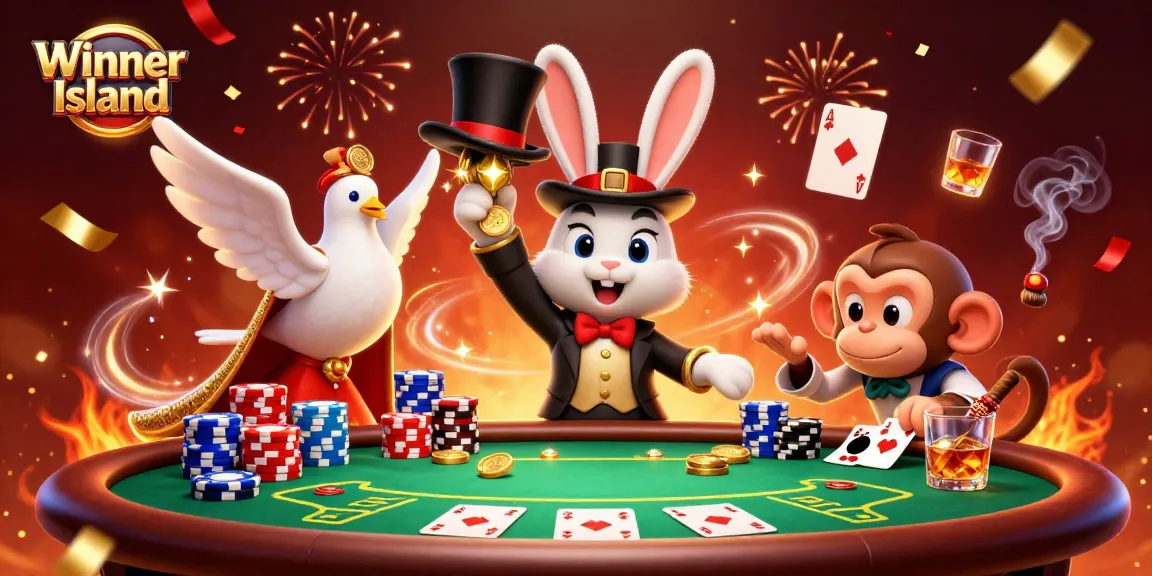 Winner Island's magician rabbit conjures coins and poker chips amidst a festive casino atmosphere.