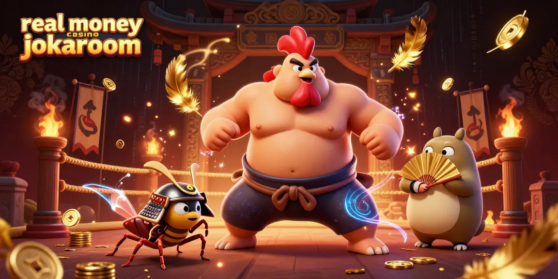 Real money casino jokaroom showcases fierce competition with dynamic characters and casino elements.