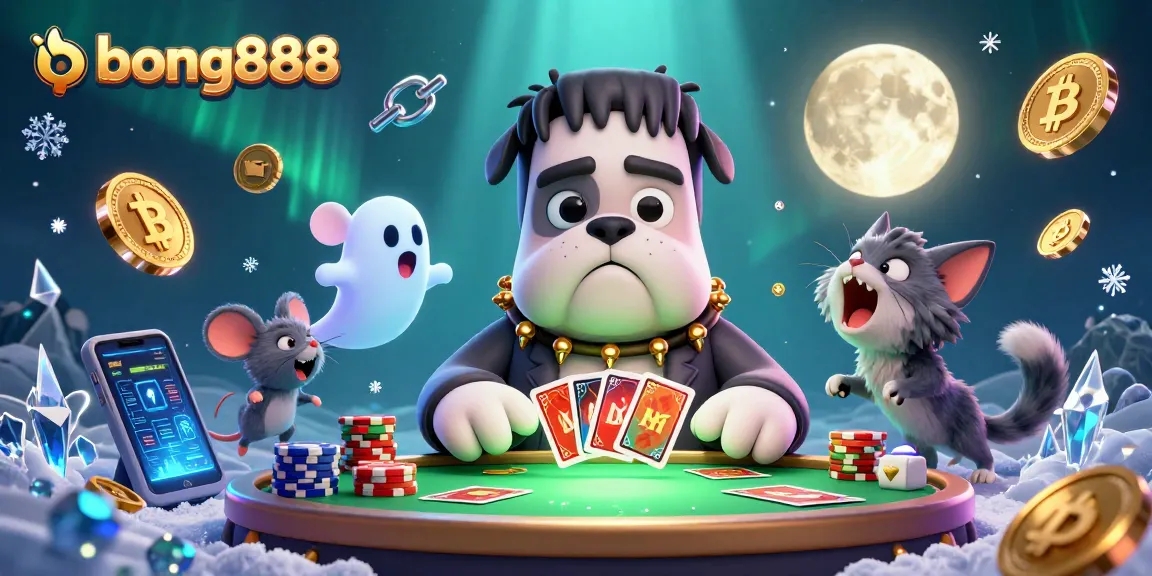 Engage with the lively scene of bong888 as a 3D Frankenstein bulldog deals cards amidst floating crypto coins.